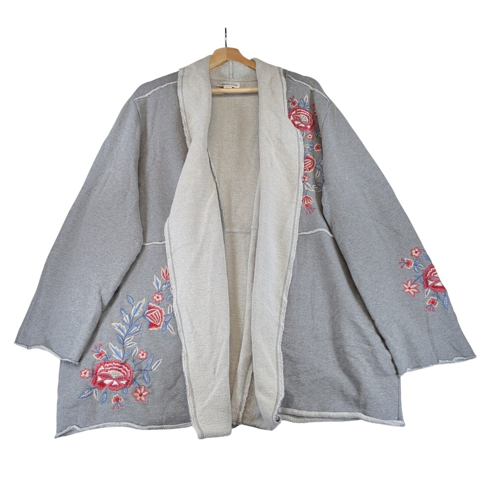 Coldwater Creek Gray Floral Embroidered Open Front Cardigan XL Cotton 19267
